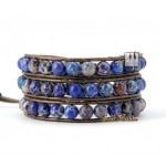 Blue Jasper Stone on Brown Leather Wrap Bracelet